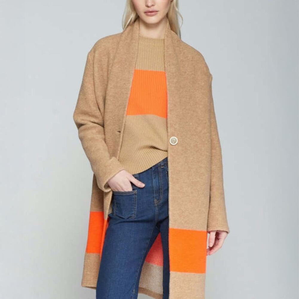 Vilagallo Camel Orange Stripe Color Block Wool Blend Coat Size XS
